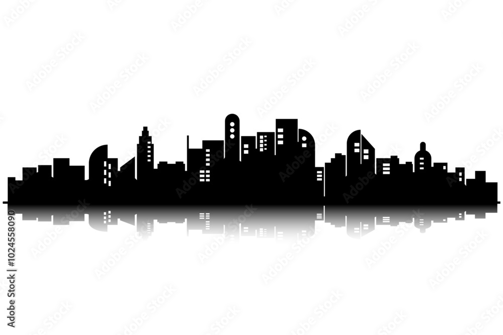 black vector skyline of the city reflection below with ferris wheel black vector skyline of the city reflection below with ferris wheel