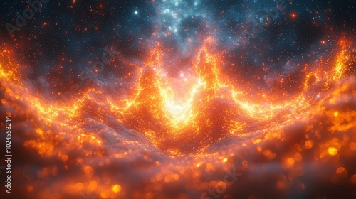 An abstract view of cosmic lava flowing through a mystical space, surrounded by twinkling stars and beautiful nebulas.