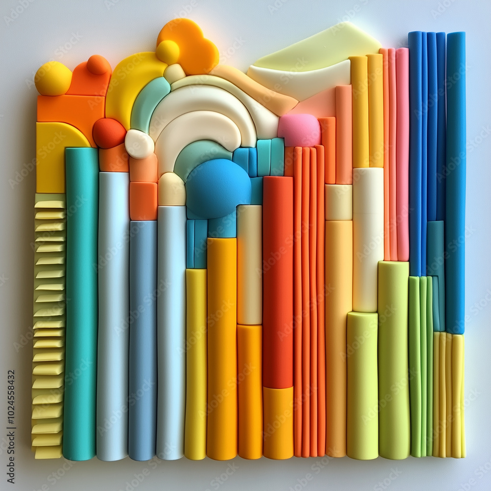 A colorful piece of art made of plastic tubes and balls. The tubes are arranged in a way that creates a rainbow effect. The artwork is vibrant and playful, with a sense of movement and energy A colorful piece of art made of plastic tubes and balls. The tubes are arranged in a way that creates a rainbow effect. The artwork is vibrant and playful, with a sense of movement and energy