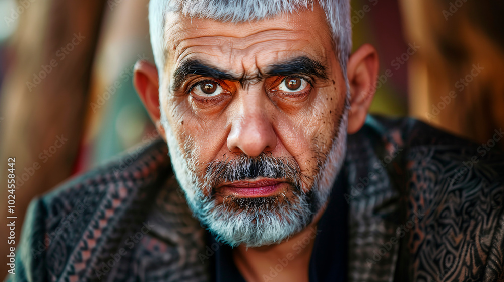 Retrato de hombre mayor con expresión seria y fondo decorativo Retrato de hombre mayor con expresión seria y fondo decorativo