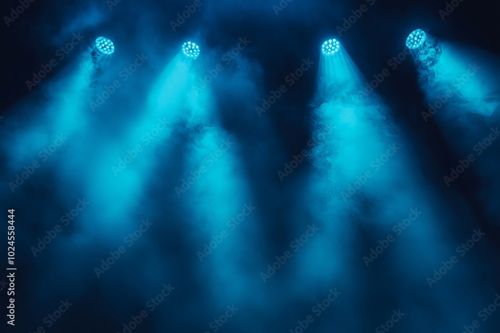 Fototapeta premium Fog and haze effect on black background with spotlight beams and blue neon light , mist, atmospheric, darkness, shadows 