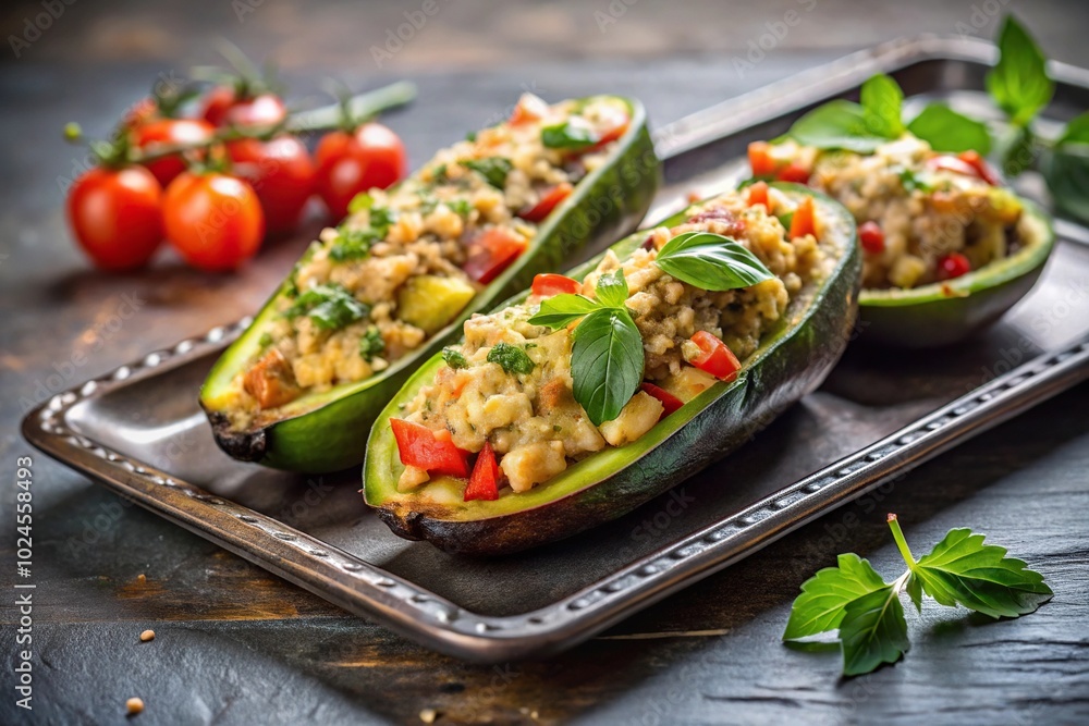 Stuffed raw eggplant and zucchini on metal tray Stuffed raw eggplant and zucchini on metal tray