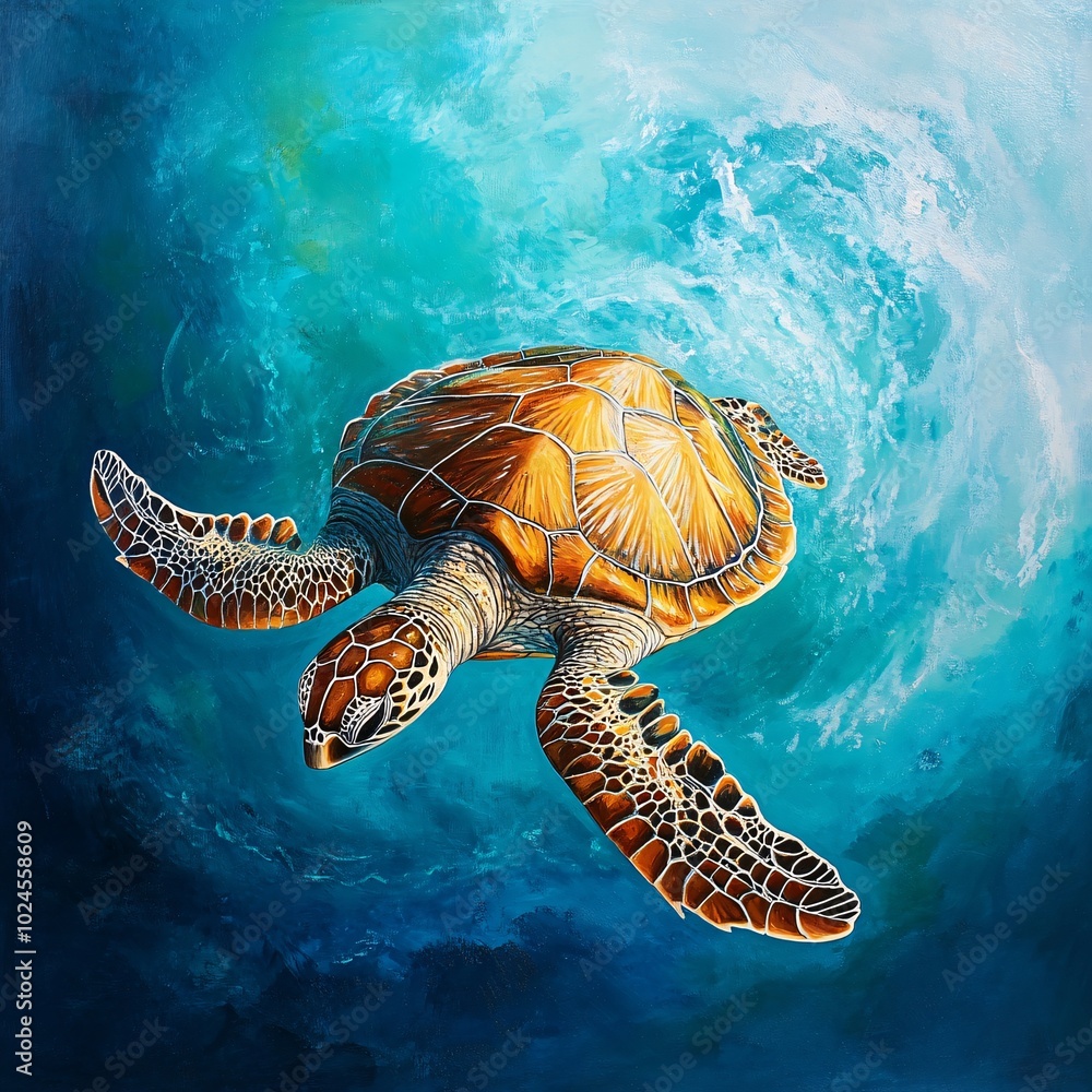 Obraz premium Happy Sea Turtle Swimming in Clear Ocean Waters