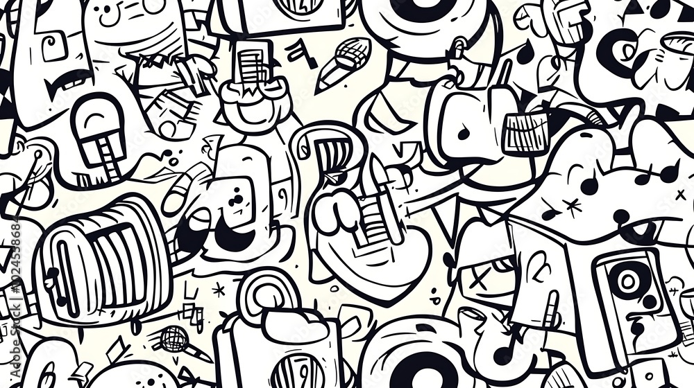 Fototapeta premium A dynamic music festival-themed pattern featuring various musical instruments, speakers, amplifiers, microphones, and abstract music notes.