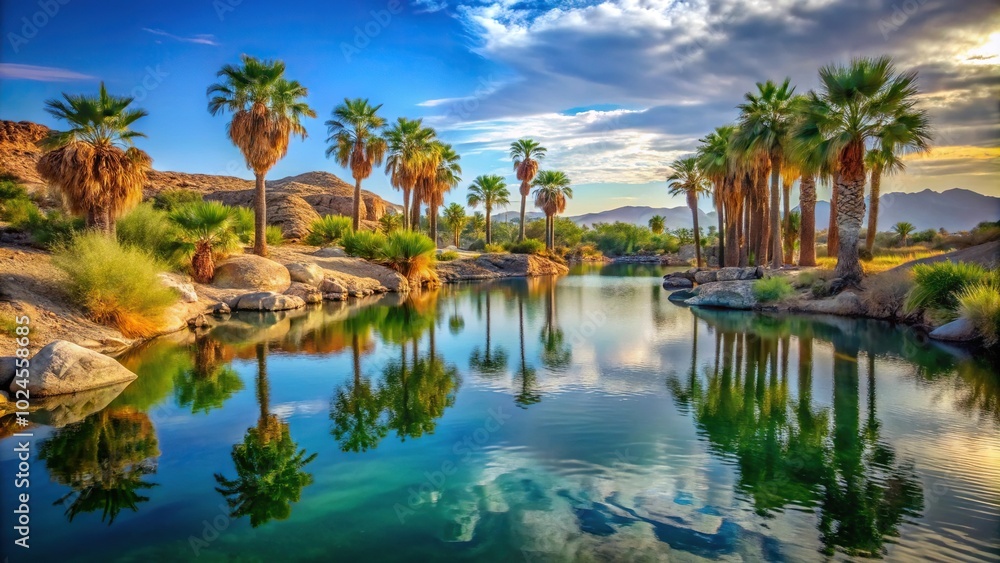 Stunning desert oasis with palm trees and rocky shore of lake in the desert Stunning desert oasis with palm trees and rocky shore of lake in the desert
