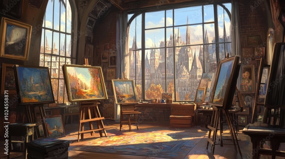An artist loft with large windows, warm light flooding in, and finished paintings resting on easels. An artist loft with large windows, warm light flooding in, and finished paintings resting on easels.