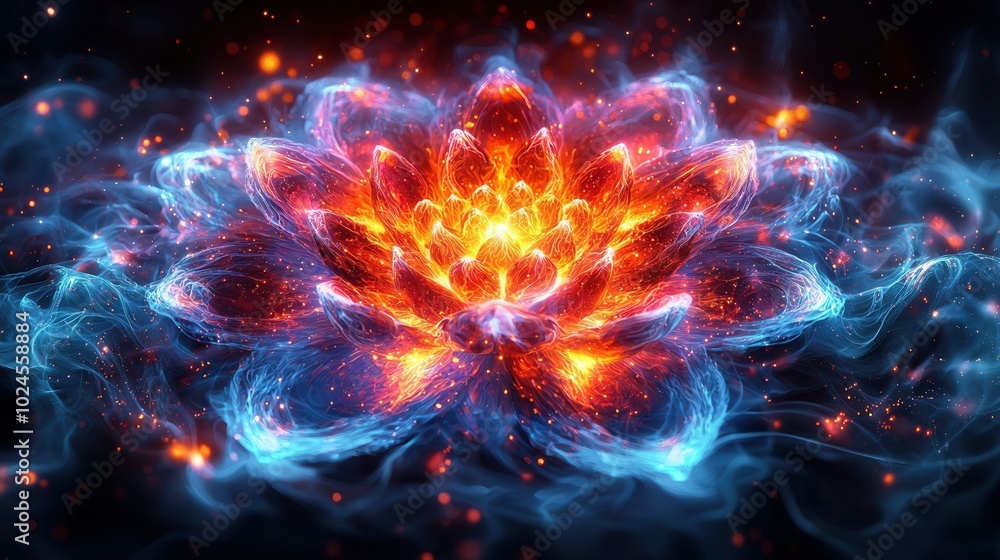 A colorful abstract digital representation of a flower illuminated with bright orange and blue hues, surrounded by glowing particles. A colorful abstract digital representation of a flower illuminated with bright orange and blue hues, surrounded by glowing particles.