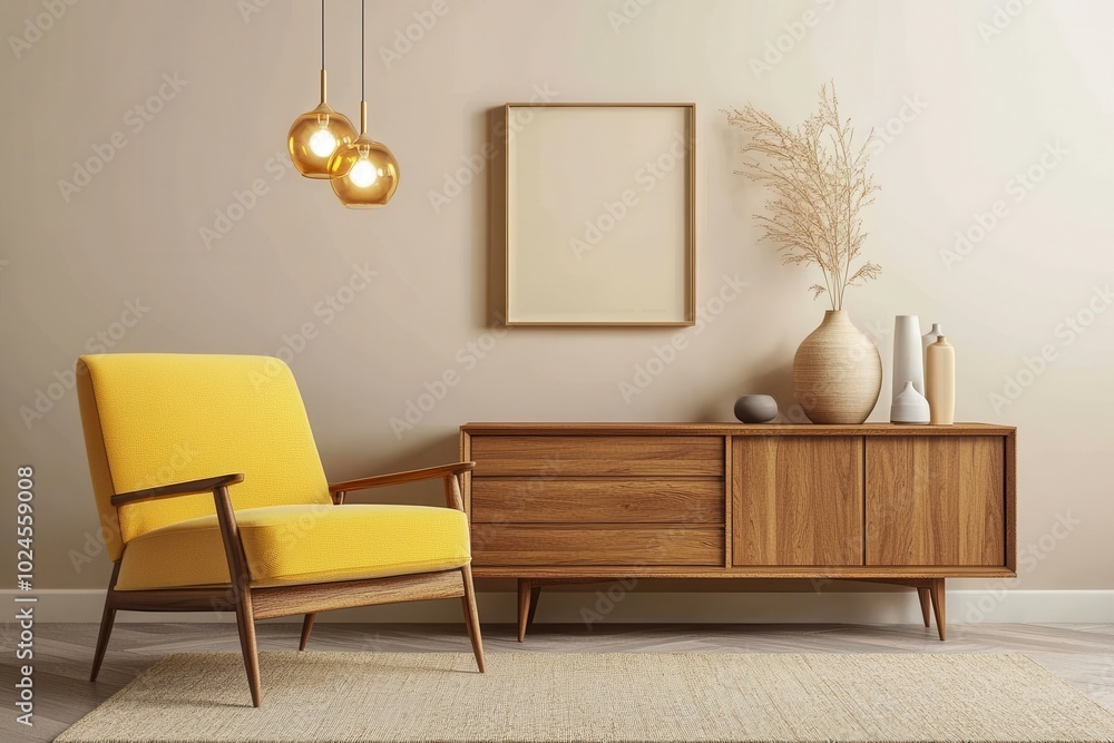 A minimalist living room featuring a bold yellow armchair, a wooden sideboard, and pendant A minimalist living room featuring a bold yellow armchair, a wooden sideboard, and pendant
