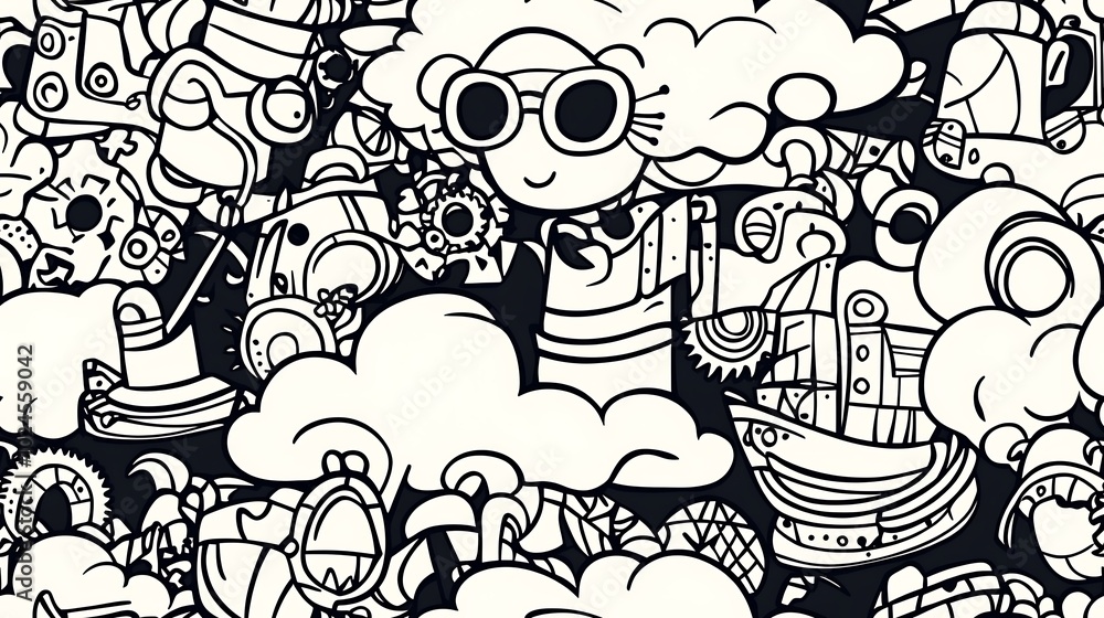 Naklejka premium A dynamic steampunk adventure-themed pattern featuring various mechanical elements like steam-powered engines, gears, airships,