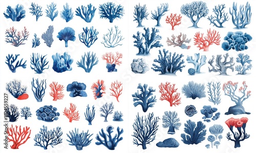 Fototapeta Naklejka Na Ścianę i Meble -  A set of blue and red coral reef elements in a watercolor style, on a white background. This is a clip art vector illustration, with vectorized shapes and flat illustrations.