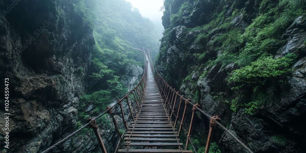 A misty view of a narrow suspension bridge surrounded by rocky cliffs and lush greenery. A misty view of a narrow suspension bridge surrounded by rocky cliffs and lush greenery.