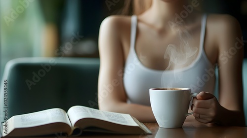 A Woman Sits Peacefully in a Cozy Vintage inspired Caf Savoring a Cup of Steaming Coffee and Immersed in the Pages of an Open Book on the Table in Front of Her