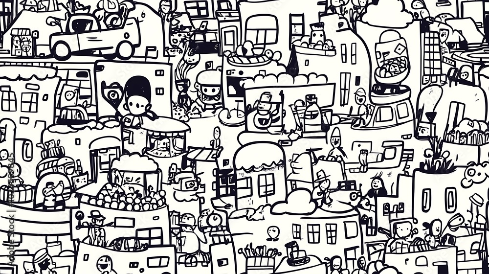 A dynamic urban chaos-themed pattern featuring various buildings, cars, scooters, street vendors, and crowds of people in a busy marketplace. A dynamic urban chaos-themed pattern featuring various buildings, cars, scooters, street vendors, and crowds of people in a busy marketplace.