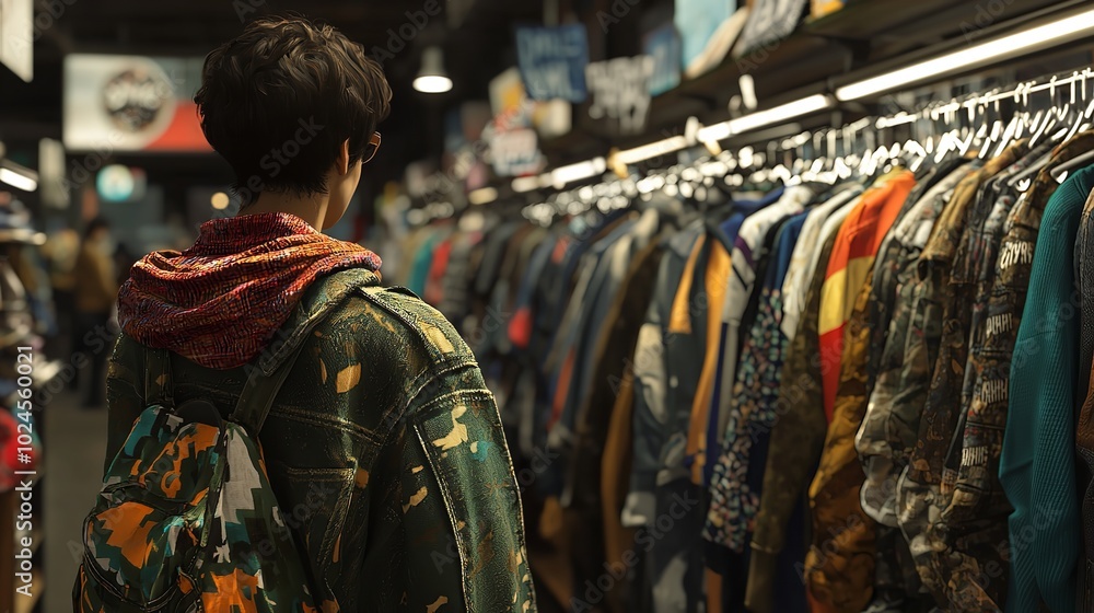 Fototapeta premium shot of clothes hanging in a clothing store, funky street wear styles of clothes, realistic, bright