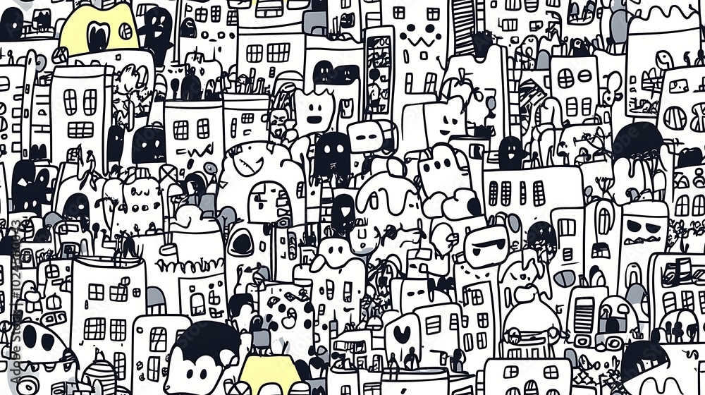 A dynamic urban chaos-themed pattern featuring various buildings, cars, scooters, street vendors, and crowds of people in a busy marketplace. A dynamic urban chaos-themed pattern featuring various buildings, cars, scooters, street vendors, and crowds of people in a busy marketplace.
