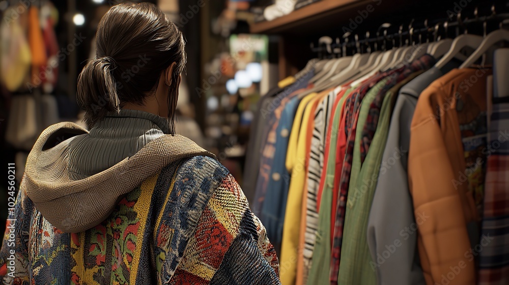 shot of clothes hanging in a clothing store, funky street wear styles of clothes, realistic, bright