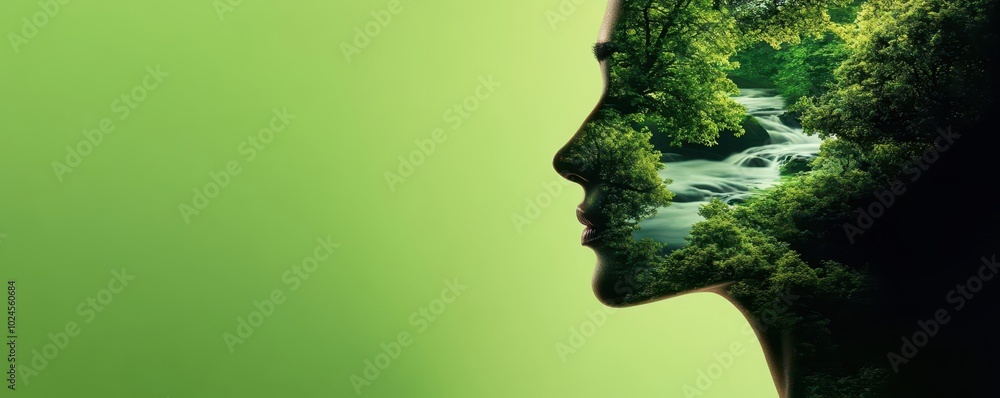 A woman s profile with trees and rivers inside, blending the elements of nature with the complexity of the human mind A woman s profile with trees and rivers inside, blending the elements of nature with the complexity of the human mind