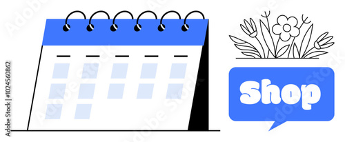 Calendar with days in rows beside a flower bouquet and shop sign in speech bubble. Ideal for planning, scheduling, commerce, floral businesses, and online stores. Simple and clean vector style