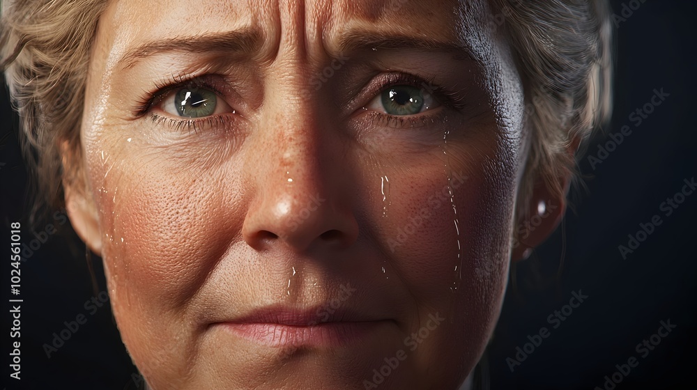 Fototapeta premium Tear Streaked Smile Conveying Sadness and Hope in Pensive Feminine Portrait A poignant ethereal image capturing the complexities of the human experience