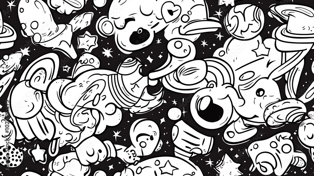 Naklejka premium A lively space-themed pattern with a variety of cosmic objects, including meteor showers, black holes, and bright shooting stars.