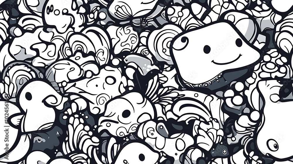 Fototapeta premium A lively underwater pattern with a variety of sea creatures, including manta rays, shrimp, and angelfish, surrounded by anemones and bubble streams. Bold outlines and vibrant color accents,