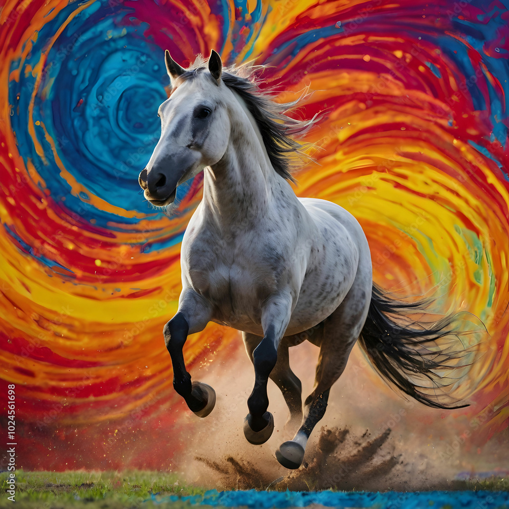 Elegant Horse Leaping in Vibrant Swirls Elegant Horse Leaping in Vibrant Swirls
