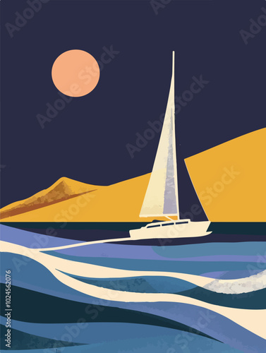 Vibrant abstract artwork of a sailboat on colorful waves at sunset. Modern, minimalist style using bold and contrasting hues. Perfect for wall art, posters, or creative backgrounds. Summer vibe.