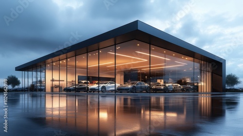 A sleek and futuristic car dealership building with large, floor-to-ceiling glass walls that allow