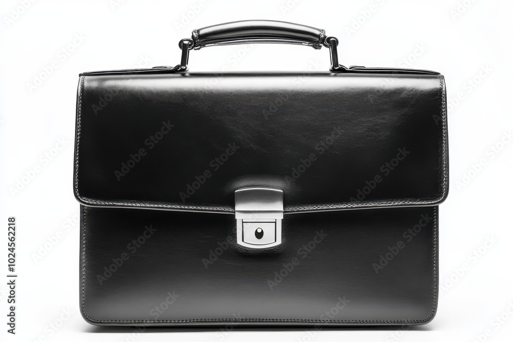 A sleek, professional black leather briefcase with a handle on top and a silver buckle in the center A sleek, professional black leather briefcase with a handle on top and a silver buckle in the center