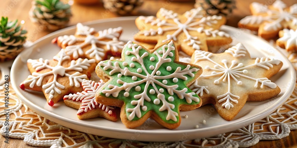 Stylized picture of Christmas cookies on plate with snowflakes in background created with long shot Stylized picture of Christmas cookies on plate with snowflakes in background created with long shot