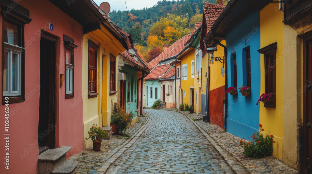 Fototapeta premium Discover the Charming Colorful Streets of a Picturesque Village: A Journey through Vibrant Architecture and Scenic Landscapes