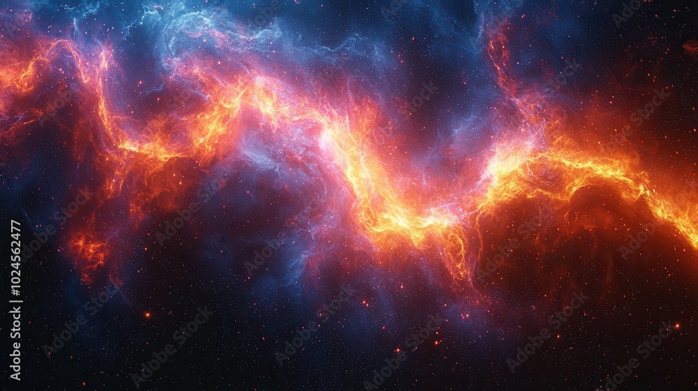 An abstract representation of vibrant cosmic formations, showcasing fiery orange and blue hues against a dark starry background, evoking a sense of infinite wonder. An abstract representation of vibrant cosmic formations, showcasing fiery orange and blue hues against a dark starry background, evoking a sense of infinite wonder.