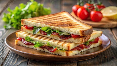 Succulent Turkish tost sandwich with melted cheese and sucuk, served with salad photo