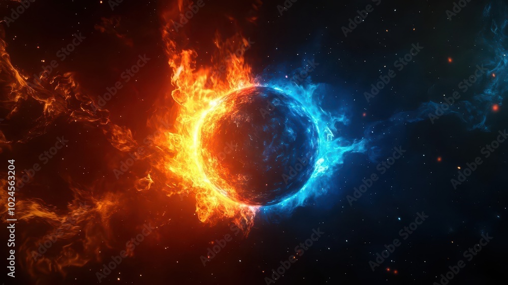 Abstract sphere engulfed in fire and ice, representing duality and balance. Abstract sphere engulfed in fire and ice, representing duality and balance.
