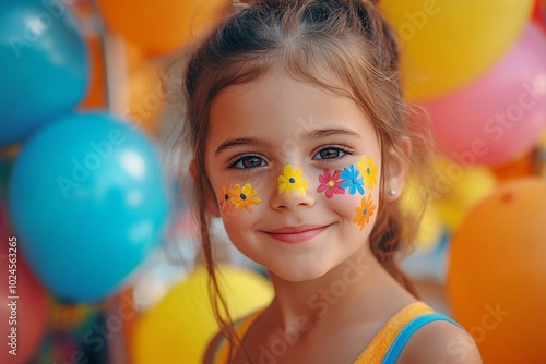 A little girl at a carnival with colorful painted flowers on her face stands near a booth filled with balloons.