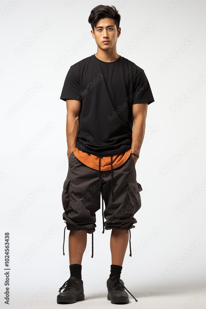 A smiling man confidently posing in a casual black t-shirt and jeans A smiling man confidently posing in a casual black t-shirt and jeans
