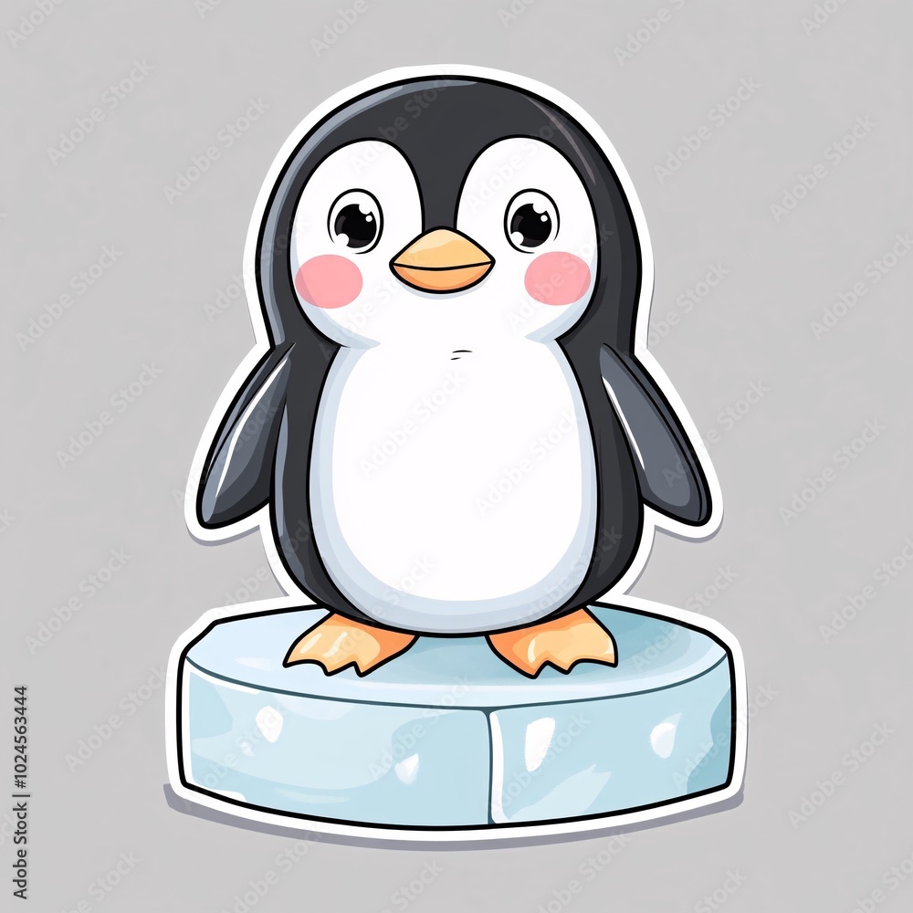 Obraz premium Cute Cartoon Penguin on Ice Block Isolated Background