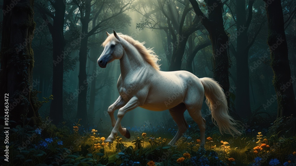 A white horse runs through a sunlit clearing in a dark forest. A white horse runs through a sunlit clearing in a dark forest.