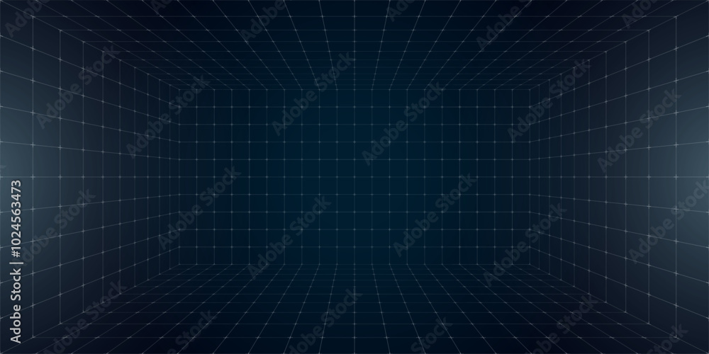 Futuristic perspective grid box featuring abstract wireframe design with white grid lines on dark background. 80s and 90s digital aesthetic. Captures virtual reality landscape in retro future style Futuristic perspective grid box featuring abstract wireframe design with white grid lines on dark background. 80s and 90s digital aesthetic. Captures virtual reality landscape in retro future style
