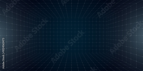 Futuristic perspective grid box featuring abstract wireframe design with white grid lines on dark background. 80s and 90s digital aesthetic. Captures virtual reality landscape in retro future style