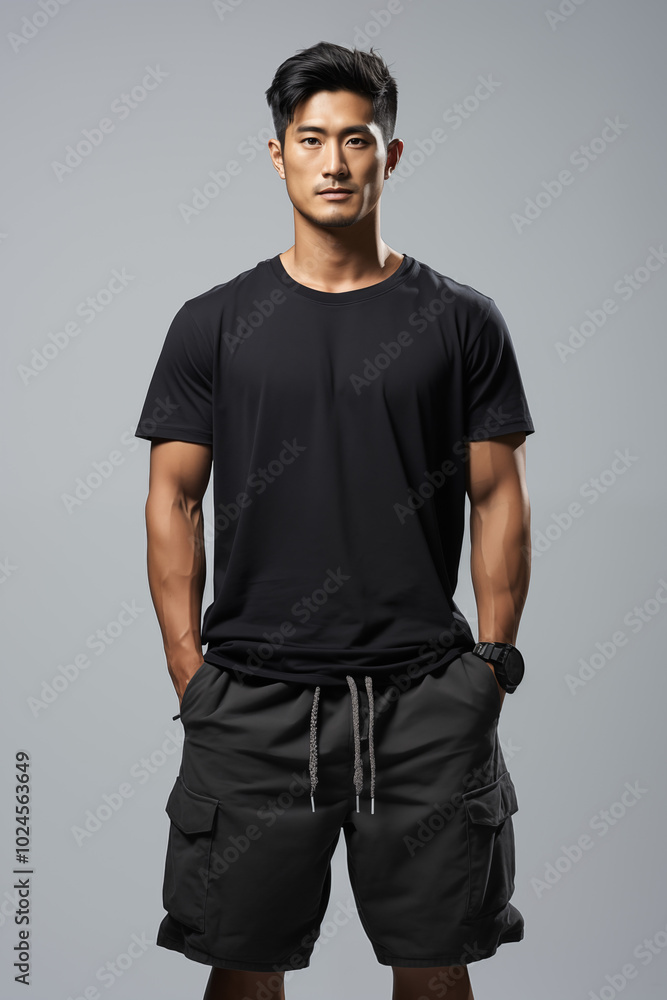 A smiling man confidently posing in a casual black t-shirt and jeans A smiling man confidently posing in a casual black t-shirt and jeans