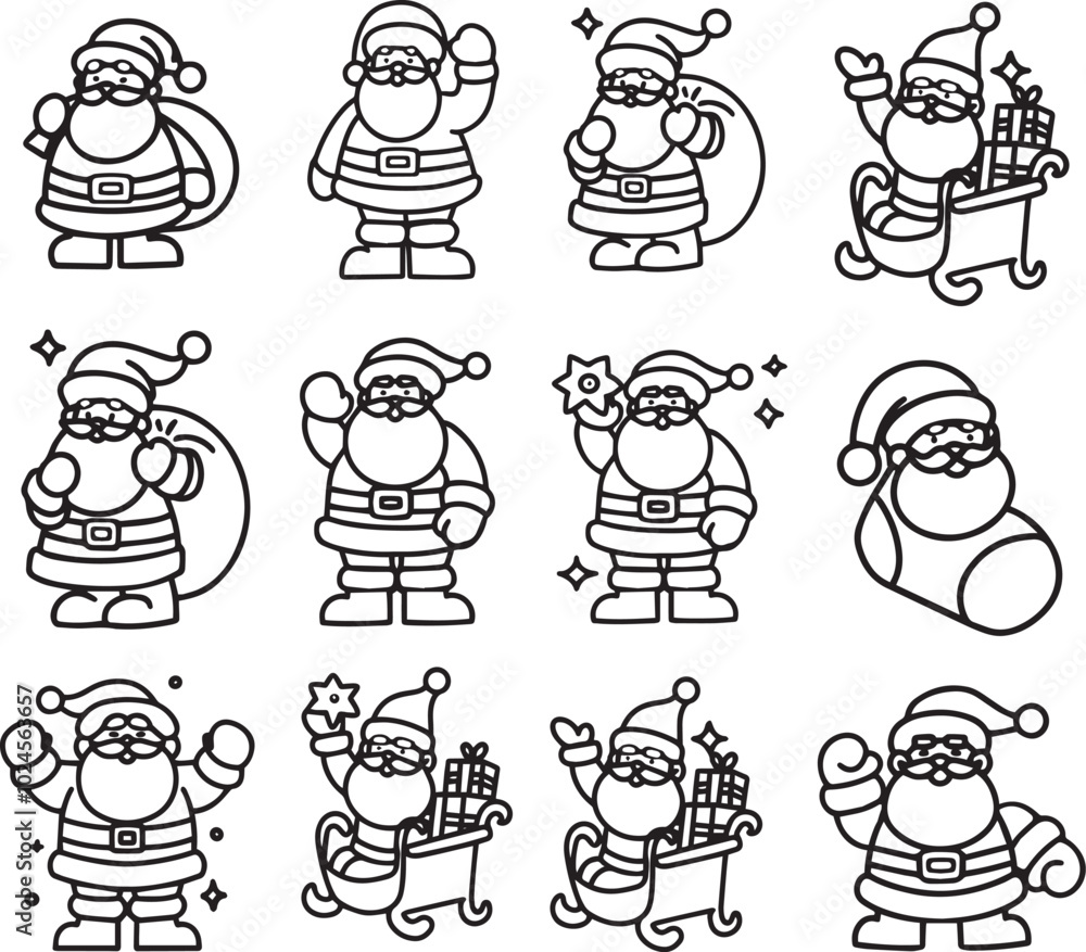 Set vector Santa Claus icon Christmas character drawing line art New Year symbol clipart for desin Holiday celebration concept contour decoration graphic gift bag outline children simple coloring page Set vector Santa Claus icon Christmas character drawing line art New Year symbol clipart for desin Holiday celebration concept contour decoration graphic gift bag outline children simple coloring page