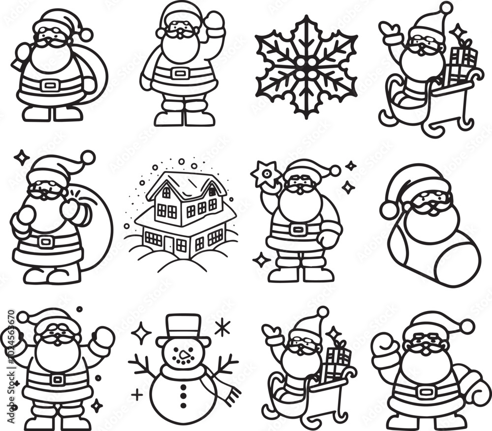 Set vector Santa Claus icon Christmas character drawing line art New Year symbol clipart for desin Holiday celebration concept contour decoration graphic gift bag outline children simple coloring page Set vector Santa Claus icon Christmas character drawing line art New Year symbol clipart for desin Holiday celebration concept contour decoration graphic gift bag outline children simple coloring page