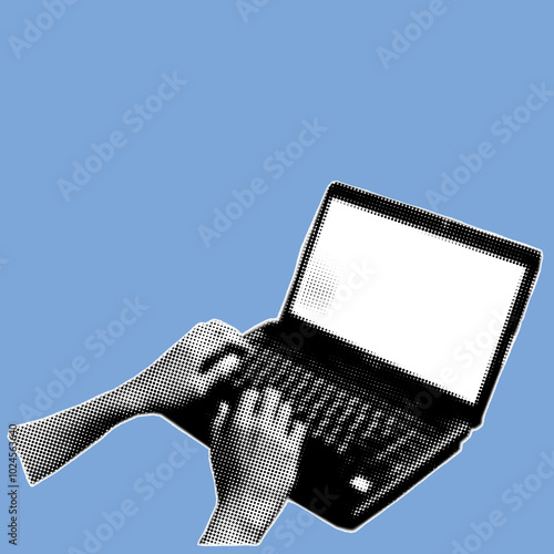 close up of hand working on laptop pixelate grayscale color halftone dotted texture style collage element isolated on blue background