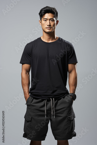 A smiling man confidently posing in a casual black t-shirt and jeans