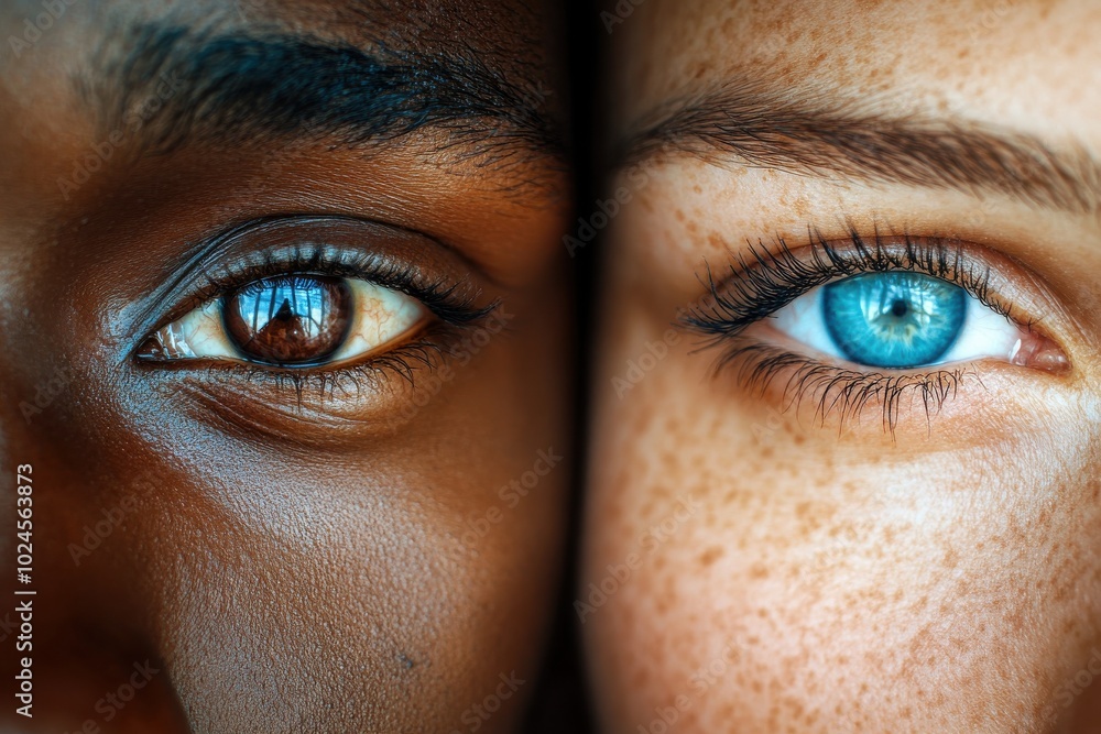 A striking close-up image showing the faces of two people, one with dark skin and the other A striking close-up image showing the faces of two people, one with dark skin and the other