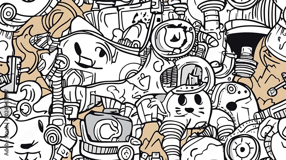 Obraz premium A playful steampunk adventure pattern, featuring elements like mechanical clocks, steam-powered bicycles, brass pipes, and cogs, interwoven with vintage compasses and top hats.