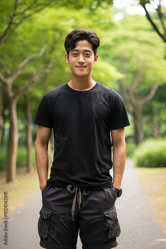 A smiling man confidently posing in a casual black t-shirt and jeans