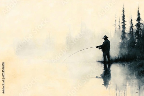 Silhouette of a Fisherman by a Tranquil Misty Lake at Sunrise