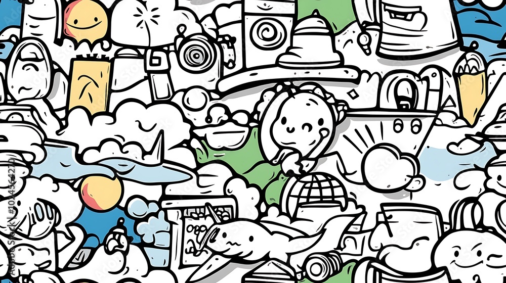 A playful travel adventure pattern, featuring elements like airplanes, suitcases, passports, maps, and camera icons, interwoven with world landmarks and directional signs. A playful travel adventure pattern, featuring elements like airplanes, suitcases, passports, maps, and camera icons, interwoven with world landmarks and directional signs.